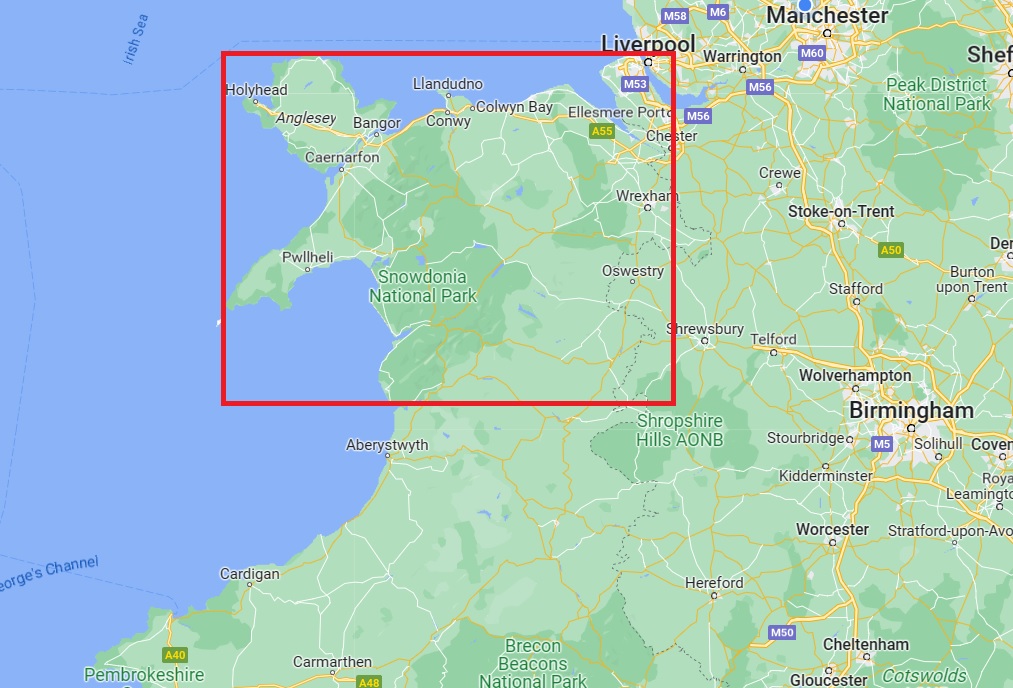 Map showing North Wales
